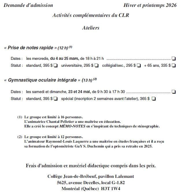 Activit�s compl�mentaires Hiver-Printemps 2026